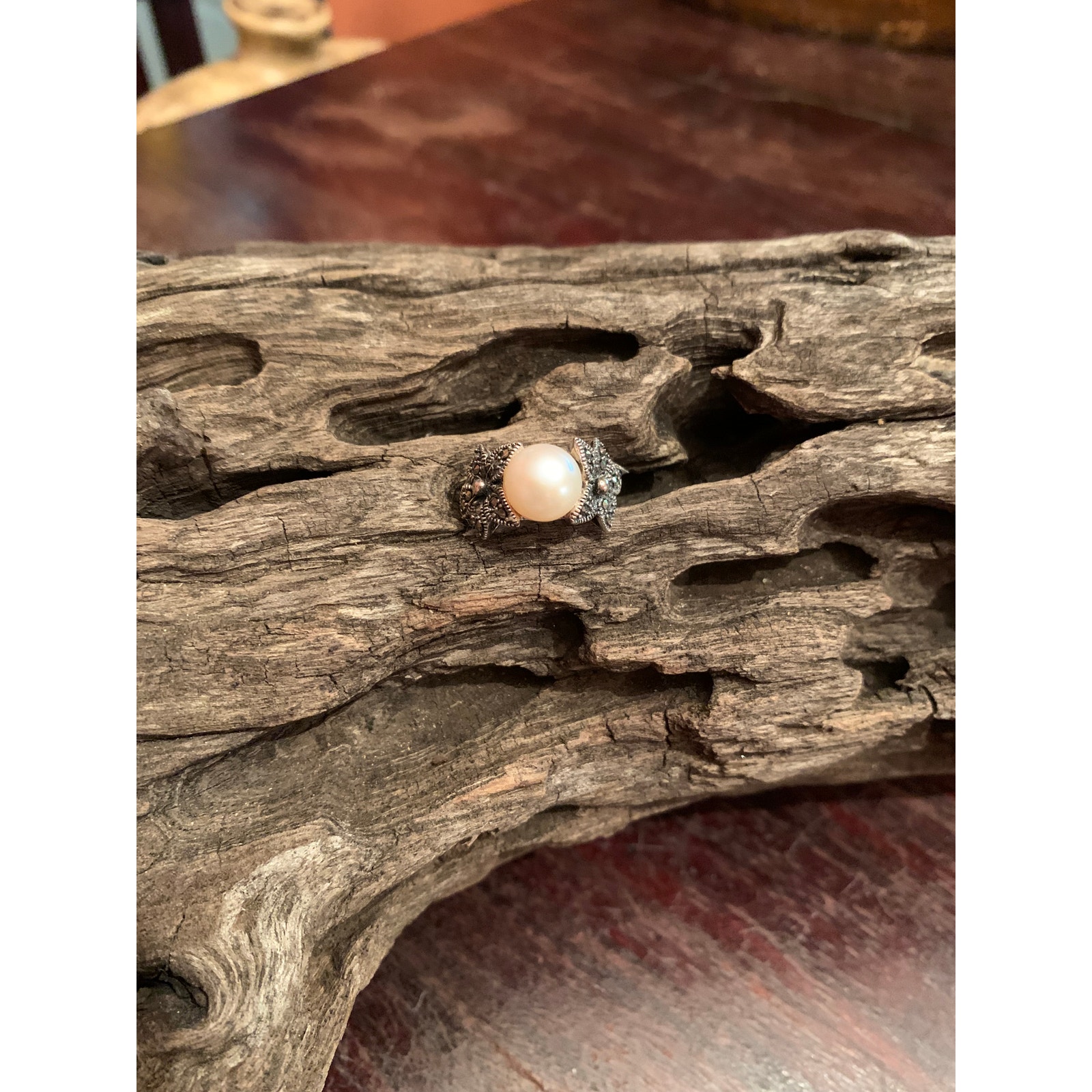 Sterling Silver, Pearl And Marcasite Ring By Cfj Size 6